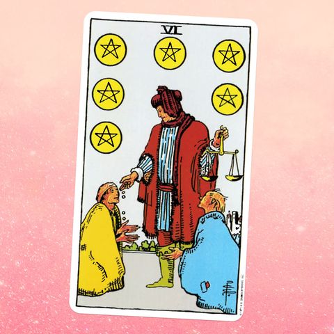 the six of coins tarot card, showing two kneeling people in front of a person in fancy dress the fancy person is holding scales and giving coins to the kneeling people