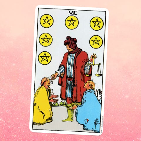 the six of coins tarot card, showing two kneeling people in front of a person in fancy dress the fancy person is holding scales and giving coins to the kneeling people