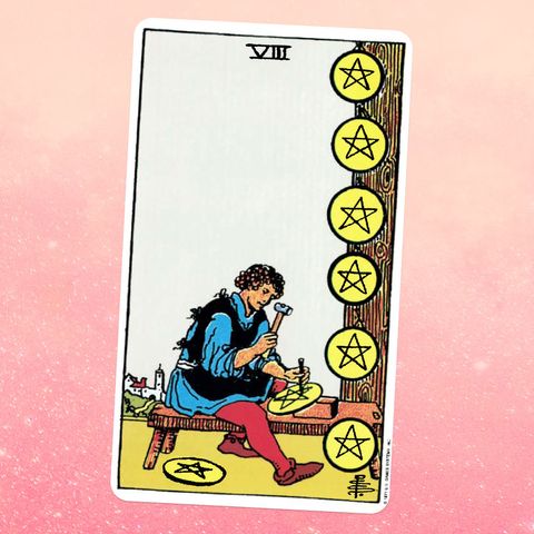The Eight of Pieces tarot card, showing a person in a tunic and tights carving a star out of a giant piece Six pieces are lined up on a tree beside them, and another is on the ground