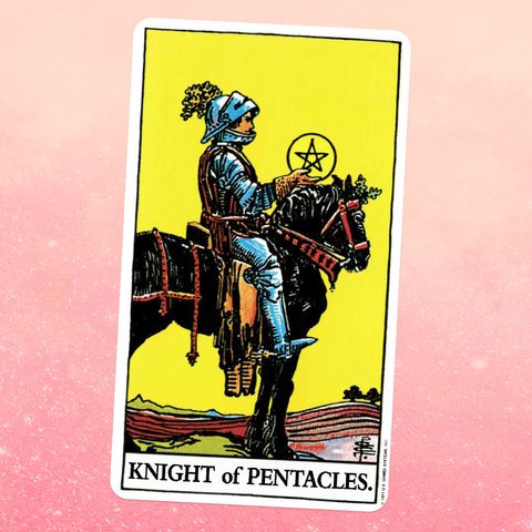 The Knight of Coins or Pentacles tarot card, showing a knight sitting on a horse that is motionless on the ground the knight is holding a giant gold coin with a star shaped pentacle on it
