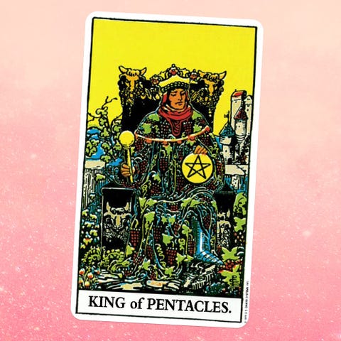 the tarot card the king of coinspentacles, showing a man wearing an ornate robe and crown sitting on a throne, holding a giant coin with a pentacle carved in it