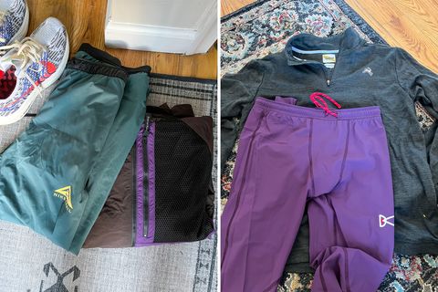 collage of outdoor running gear on a carpet