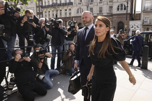 coleen rooney arrives with husband wayne rooney at royal courts of justice, strand on may 12, 2022 in london, england