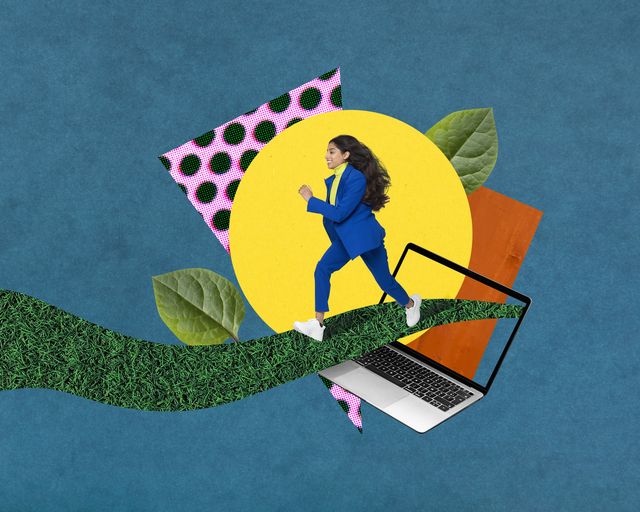 collage de imágenes de una mujer saliendo de un ordenador corriendo por un camino de hierba rodeada de formas de colores