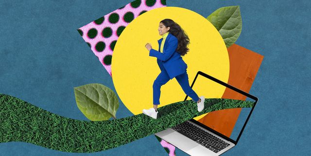 collage image of business woman running out of computer into a new beginning
