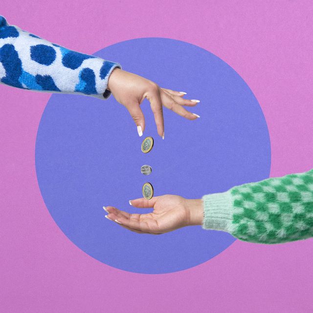 collage image of hand dropping coins into another hand