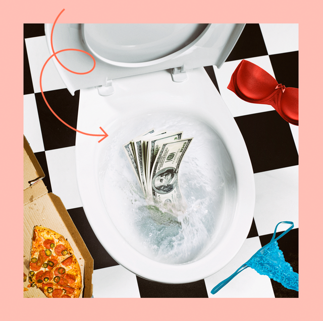 toilet bowl with money flushing down, surrounded by pizza
