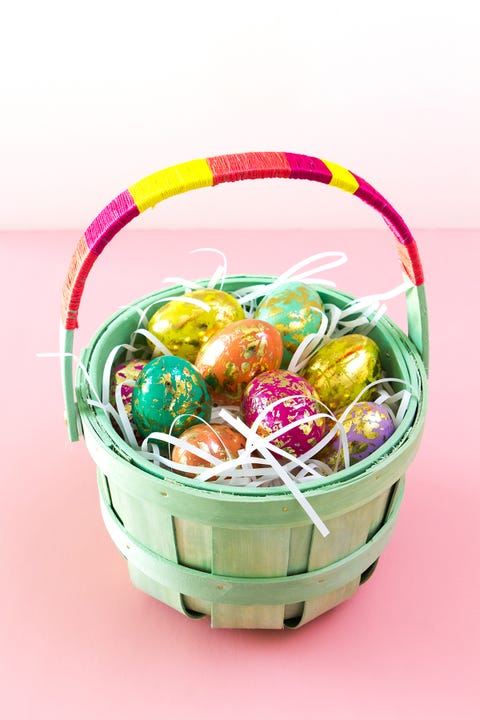 color block easter basket filled with eggs