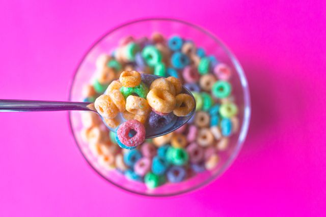 colorful breakfast cereal fills spoon