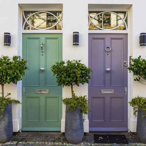 Light green and lilac front doors