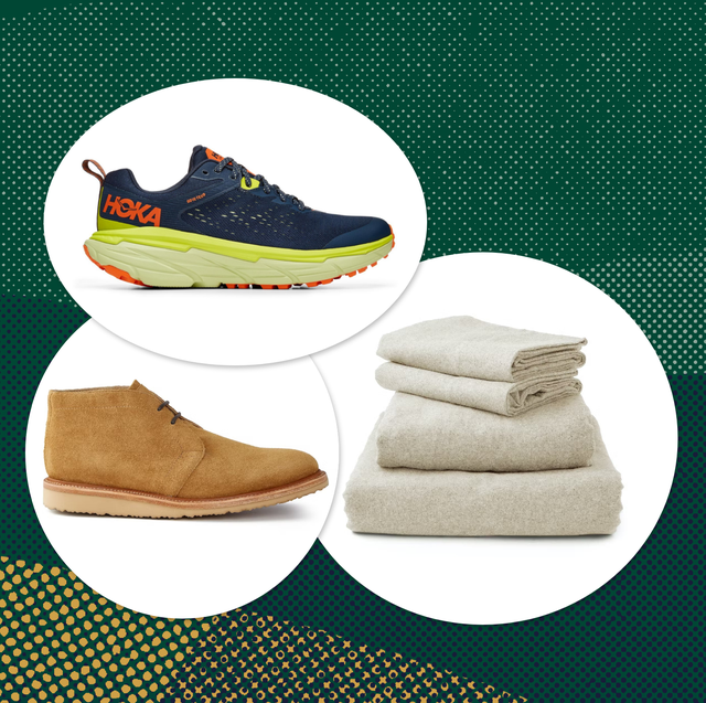 collage of a tennis shoe, a boot, and a stack of flannel sheets