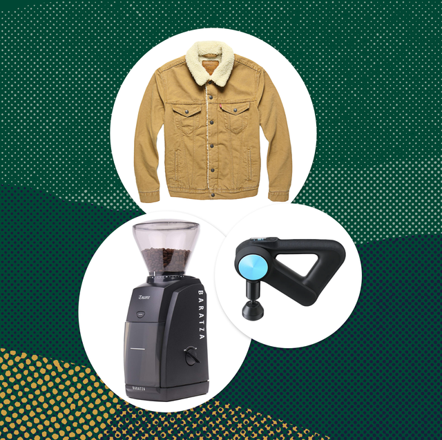 collage of a jacket, a coffee grinder, and a massage gun