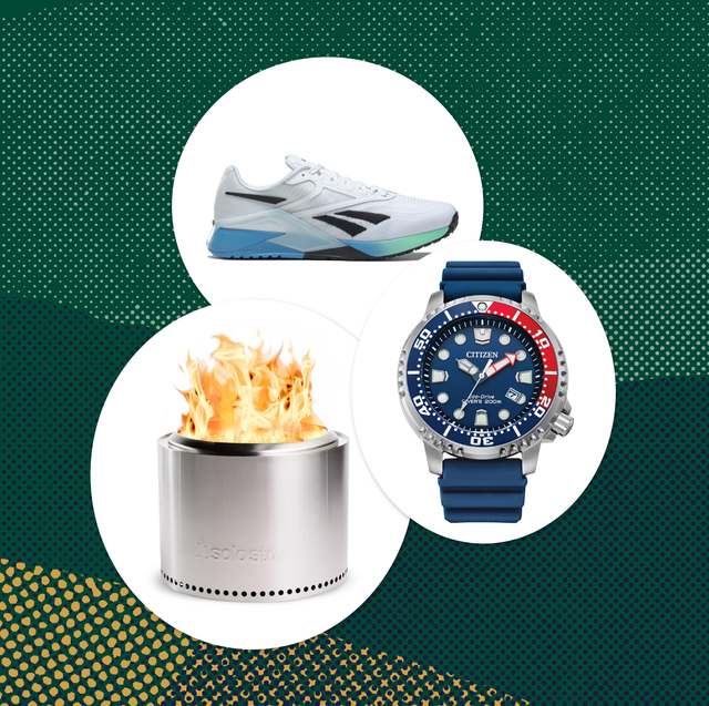 collage of a running shoe, watch, and fire pit
