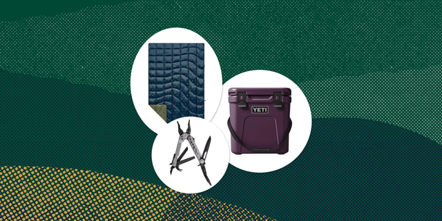 collage of a blanket, a cooler, and a multi tool