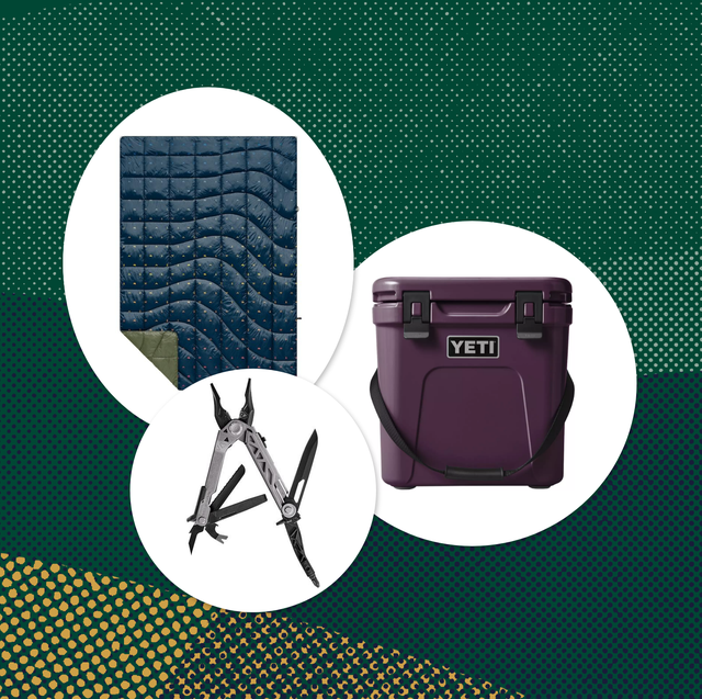 collage of a blanket, a cooler, and a multi tool