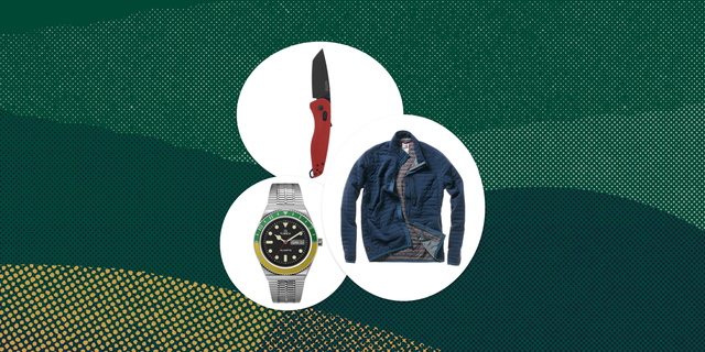 collage of a knife, a watch, and a zip up jacket