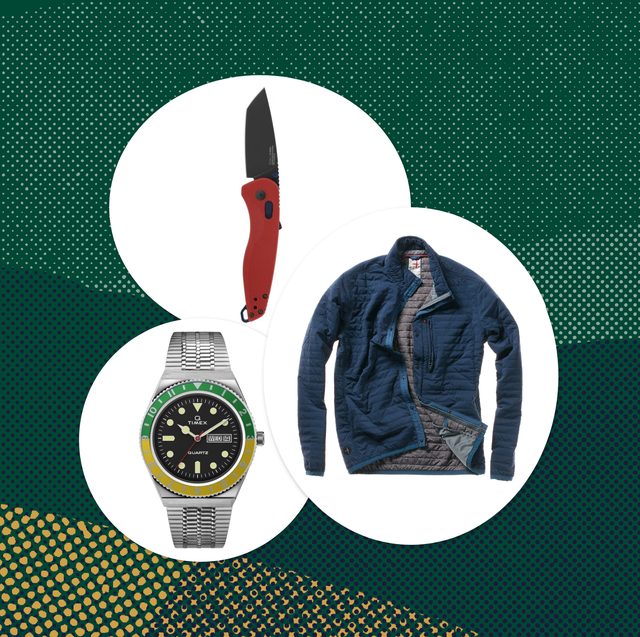 collage of a knife, a watch, and a zip up jacket
