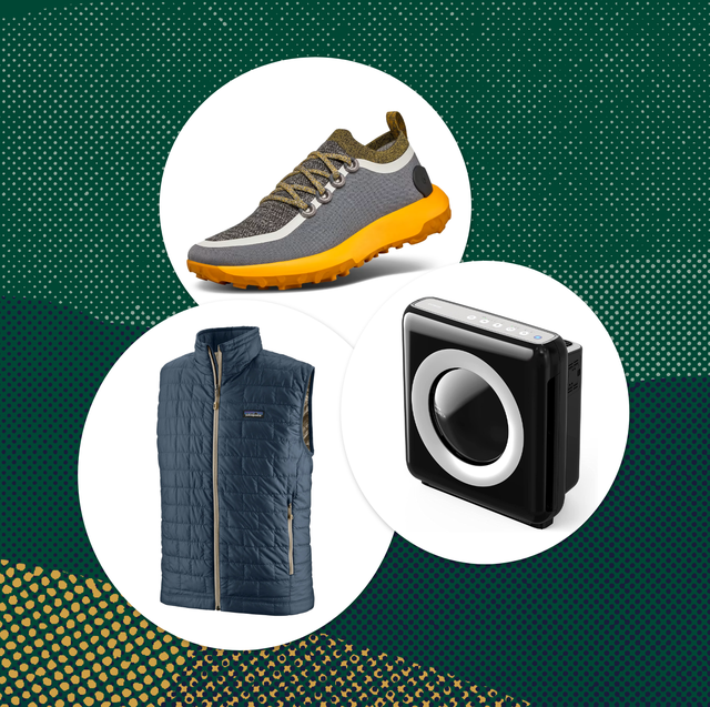 collage of a shoe, a vest, and an air purifier
