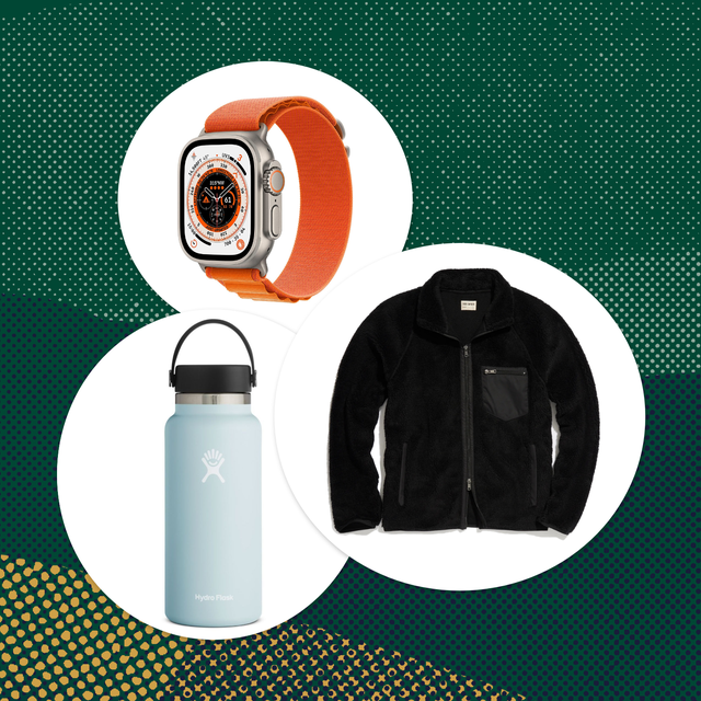 collage of an apple watch, a water bottle, and a black zip up fleece