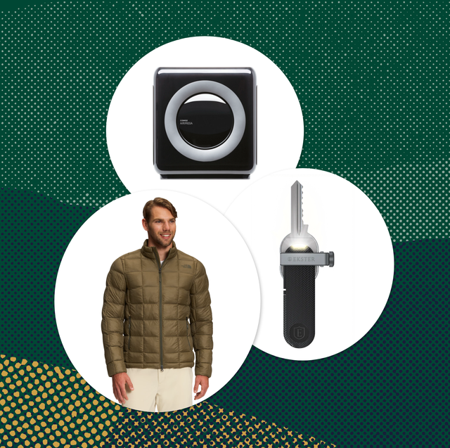 collage of an air purifier, a key holder, and a man wearing a jacket