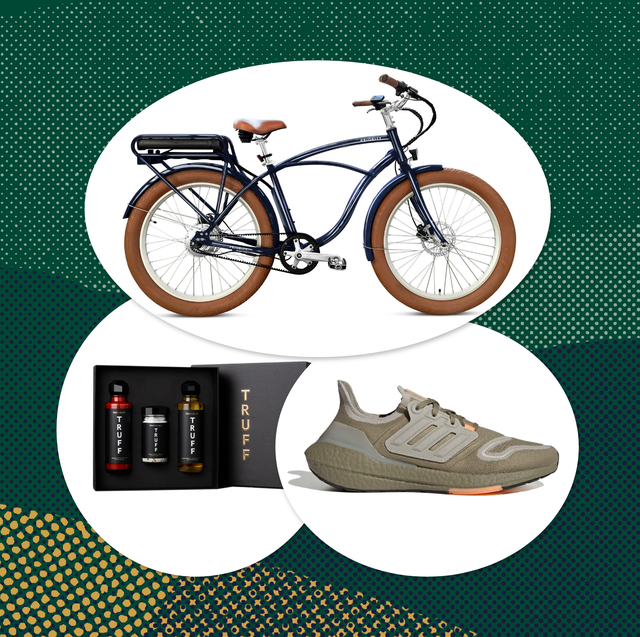 collage of a bike, a running shoe, and jars of sauces