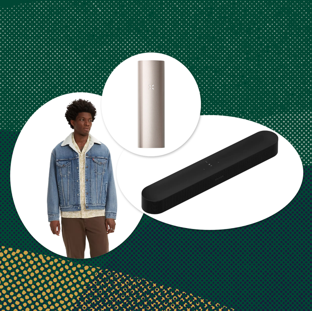 collage of a man wearing a jean jacket, a pax vape, and a soundbar
