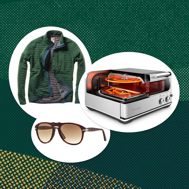 collage of a jacket, a pizza oven, and sunglasses