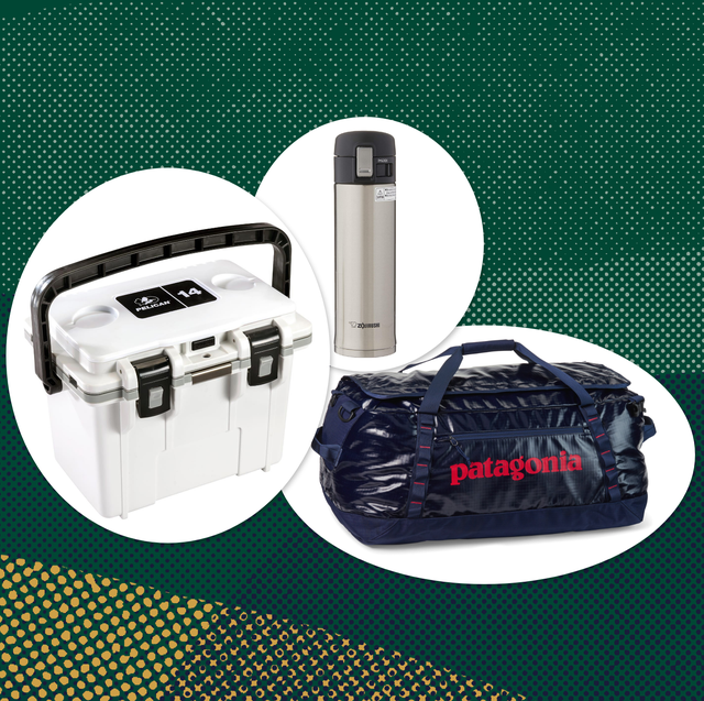 collage of a cooler, a thermos, and a duffel bag