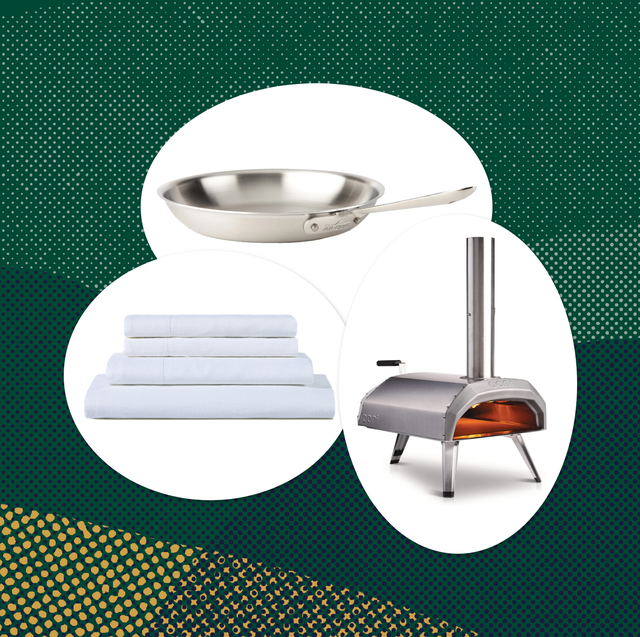 collage of a frying pan, a sheet set, and a pizza oven