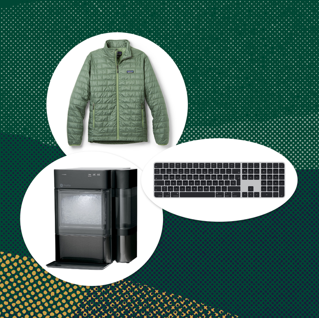 yeşil bir fermuarlı ceket, bir klavye ve bir buz makinesinden oluşan kolaj