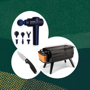 collage of a knife, a massage gun, and a firepit