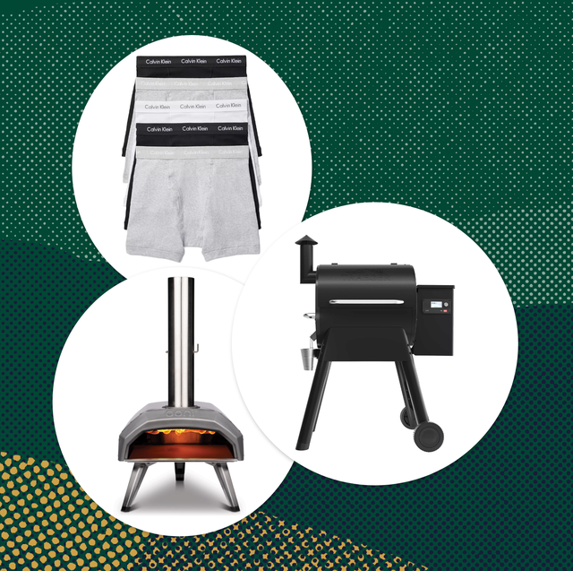collage of boxer briefs, a pizza oven, and a grill