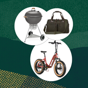 collage of a grill, bag, and bike