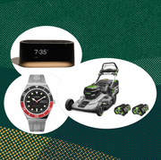 collage of a lawn mower, a watch, and an alarm clock