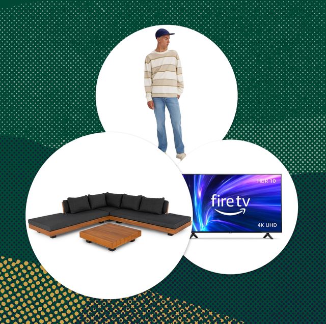 collage of levis jeans acacia sectional set and amazon fire tv