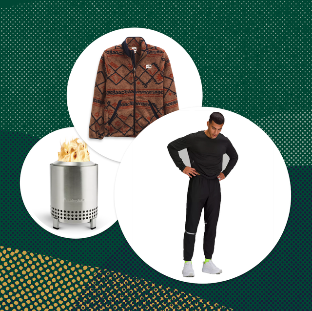 collage of running pants, stove and fleece