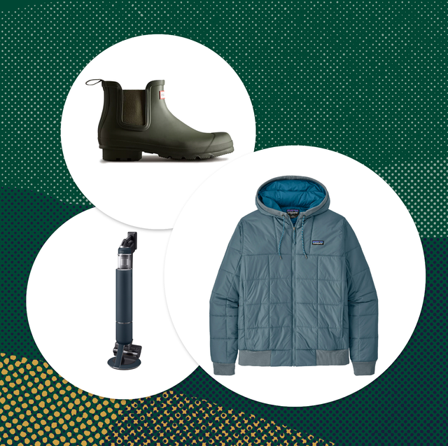 collage of patagonia quilted jacket hunter boots and samsung cordless vacuum