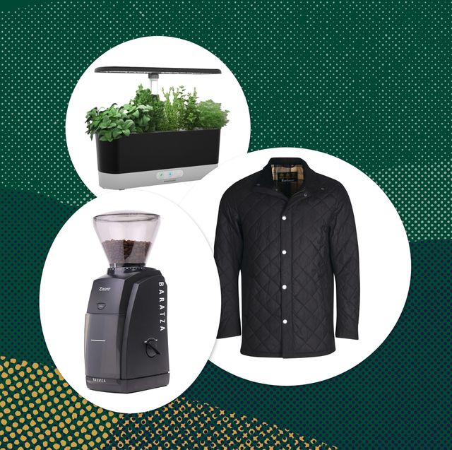 collage of a countertop garden, jacket, and coffee grinder