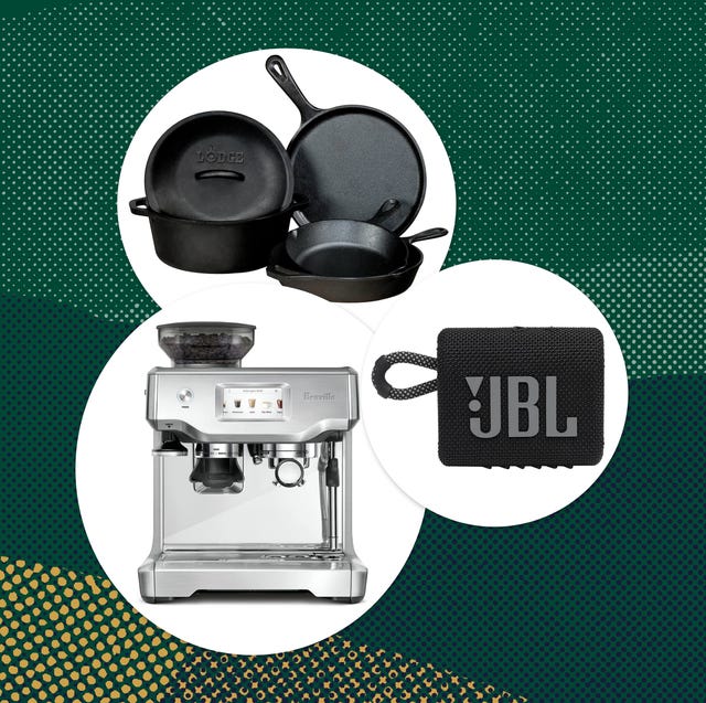 collage of cast iron, espresso maker, and a portable speaker