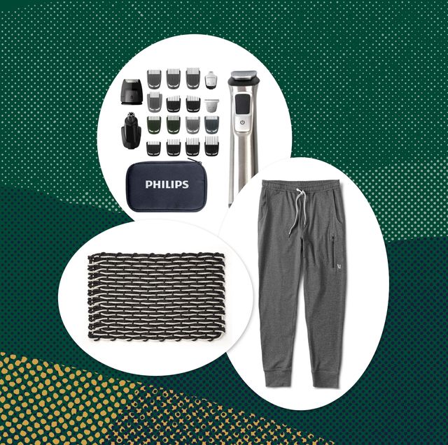 collage of a beard trimmer, jogger pants, and a doormat