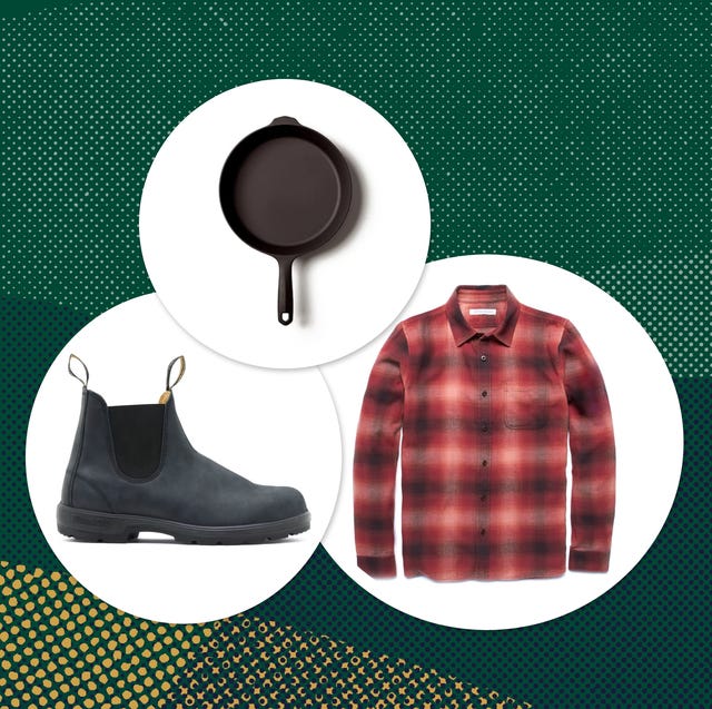 collage of a boot, a flannel, and a cast iron skillet