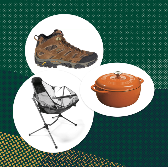 collage of a hiking shoe, a dutch oven, and a camping chair