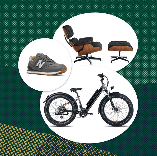 collage of a chair, new balance shoe, and bike