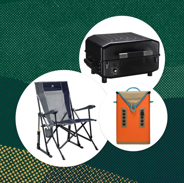 collage of a rocking camp chair, grill, and cooler backpack