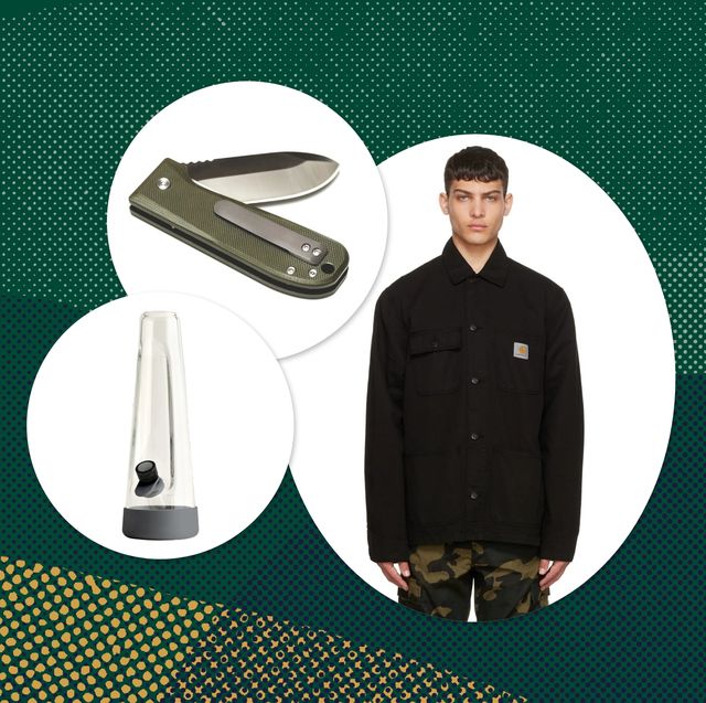 collage of a pocket knife, bong, and man wearing a carhardtt jacket
