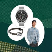 collage of a watch, headlamp, and man wearing a levis jean jacket with a beanie hat