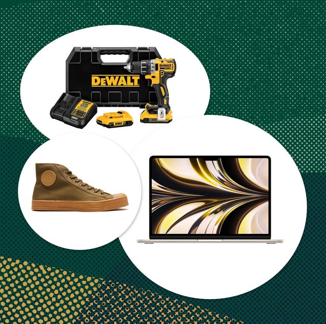 collage of a drill set, sneaker, and macbook laptop