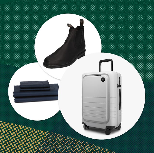 collage of blundstone chelsea boot, suitcase, and folded sheets