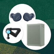 collage of earbuds, air purifier, and massage gun