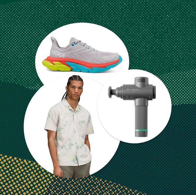 hyperice massage gun, man wearing a lululemon shirt, and a hoka shoe